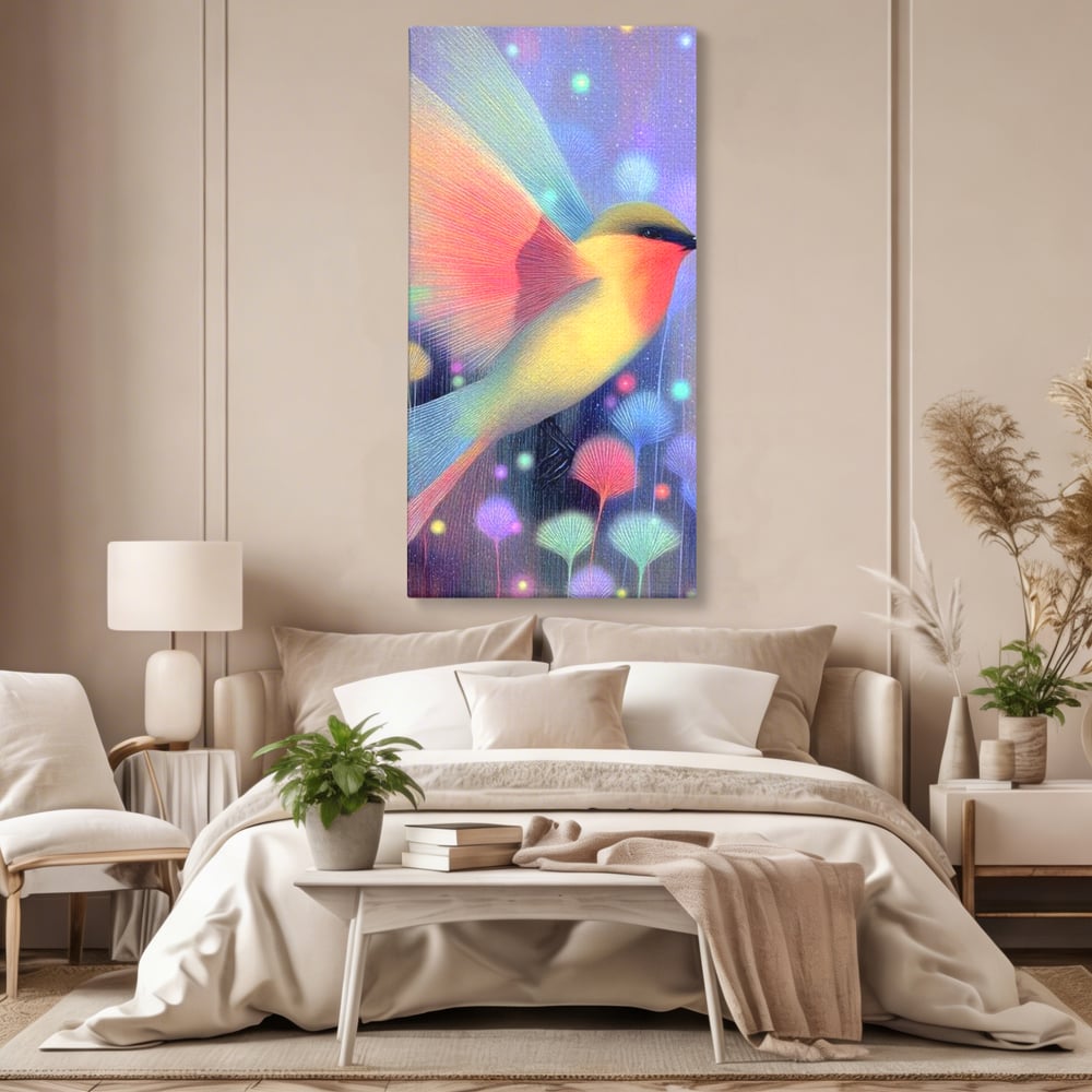 Tablou canvas cu tablou canvas cu pasare fantastica zburand, fara rama, pe sasiu de lemn, pe perete intr-un dormitor